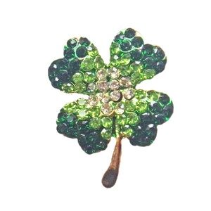 Four leaf clover green crystal pin brooch gold stem, Lucky 4 Leaf Clover Pin